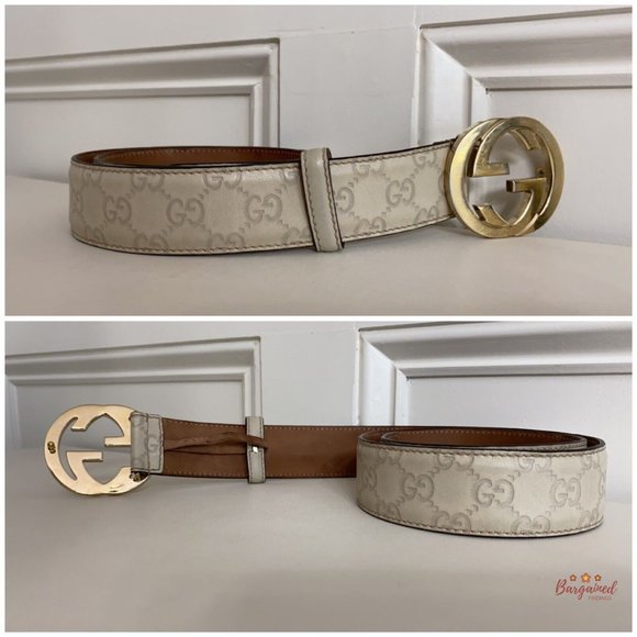 Authentic Gucci Cream Guccissima Leather Gold Interlocking G Buckle Belt 85/34 - Picture 10 of 13